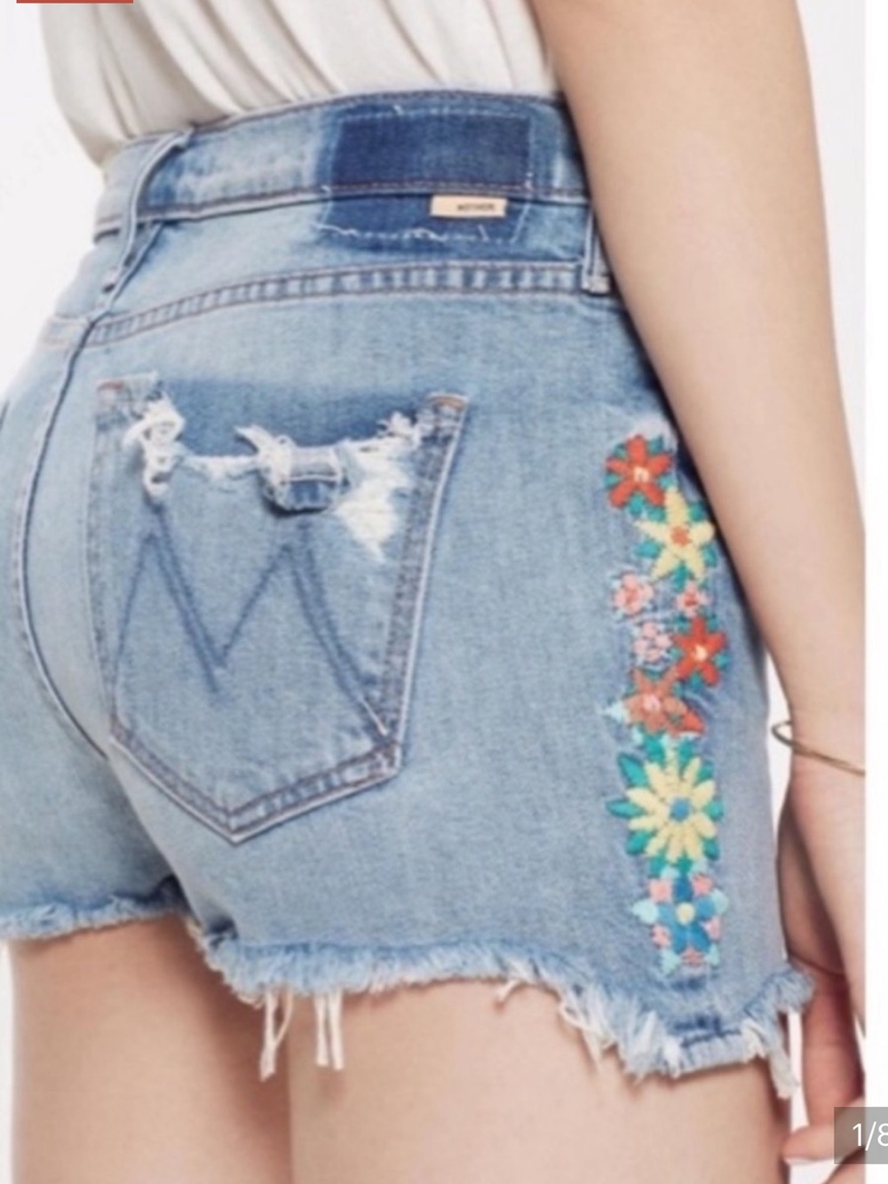 Mother Denim Shorts Dutchie Chew Blue Jean Denim Shorts Embroidered Flowers Boho